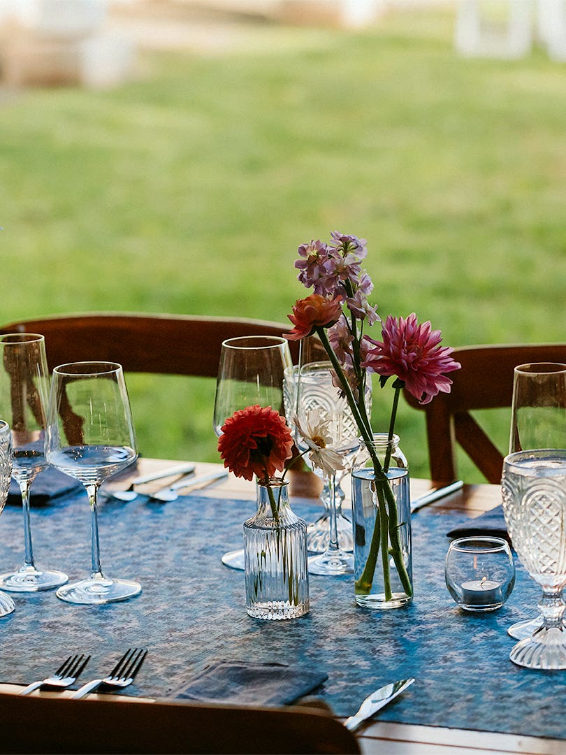 indigo patterned table runner at wedding