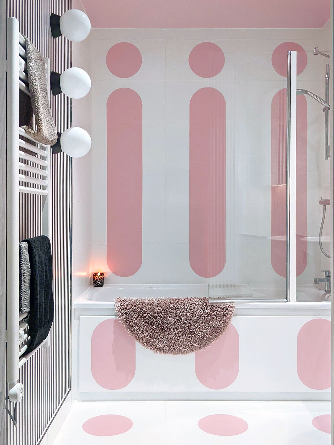 pink and white bathroom tile